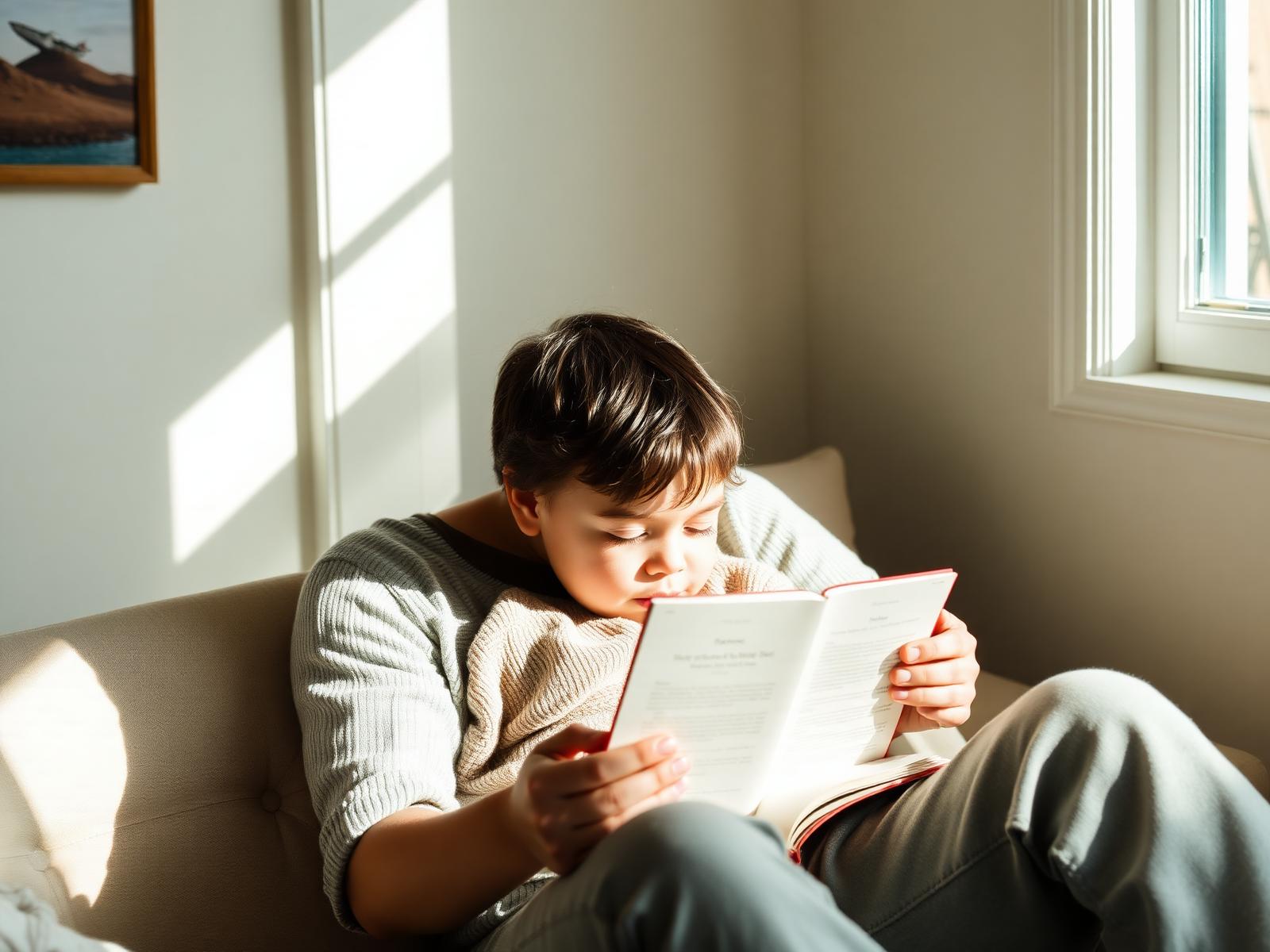 A parent and child reading together by a sunlit window